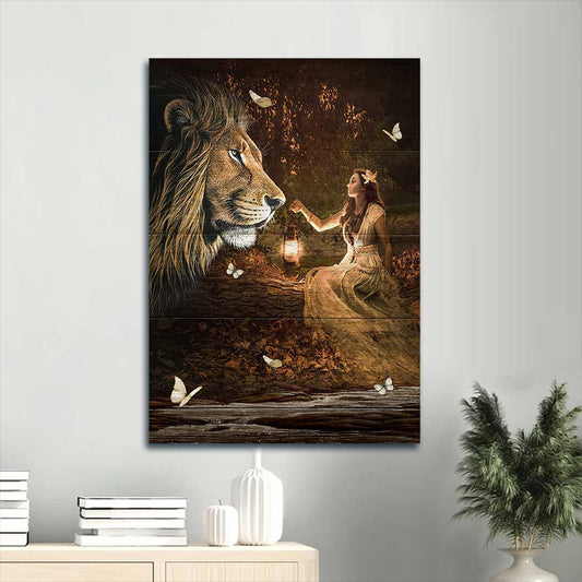 Jesus Portrait Canvas - Lion of Judah, Pretty girl, Vintage lantern, White butterfly Portrait Canvas - Gift For Christian Portrait Canvas