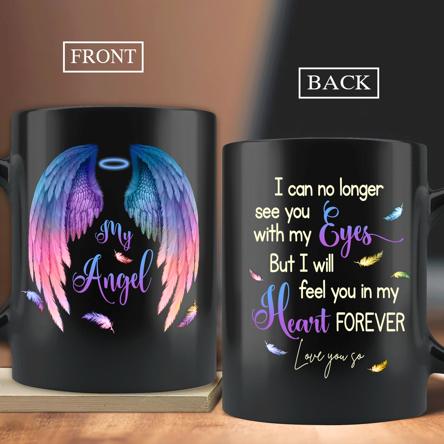 Couple Black Mug- Angel wings, Colorful feathers- Gift For Couple, Boyfriend, Husband, Wife, Girlfriend, Lovers- I will feel you in my heart forever