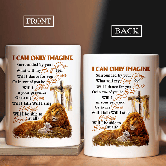 Jesus White Mug- Big lion, Wooden cross, Lamb drawing- Gift For Christian- I can only imagine - White Mug