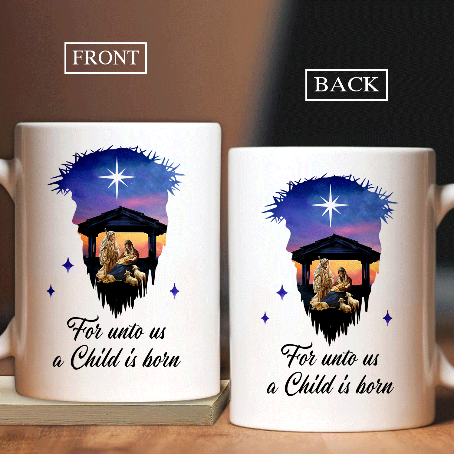 Jesus White Mug- Birth of Jesus, Bright night, Jesus face - Gift For Christian - For unto us a Child is born - White Mug