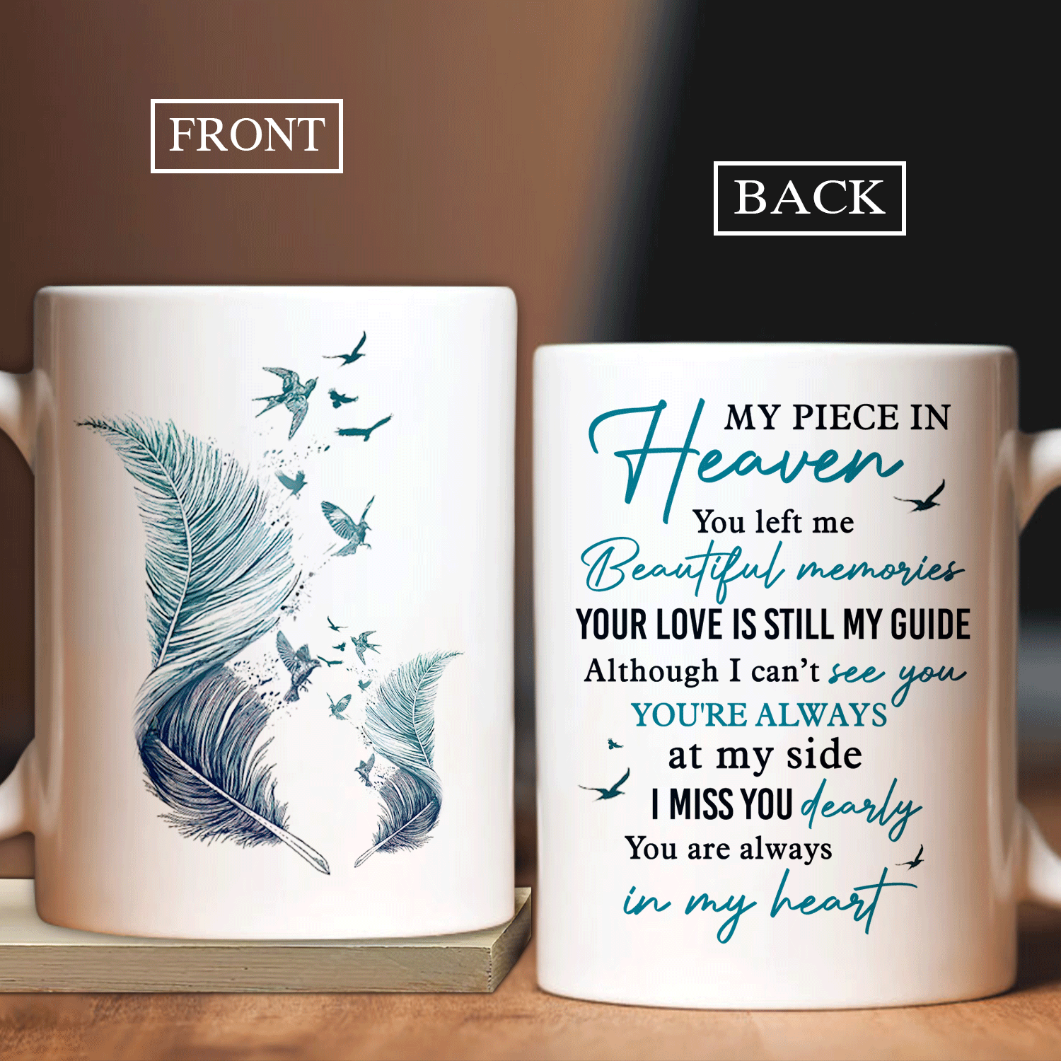 Memorial White Mug - Blue feathers, Flying swallows - Gift For Member Family - You are always in my heart - Heaven White Mug