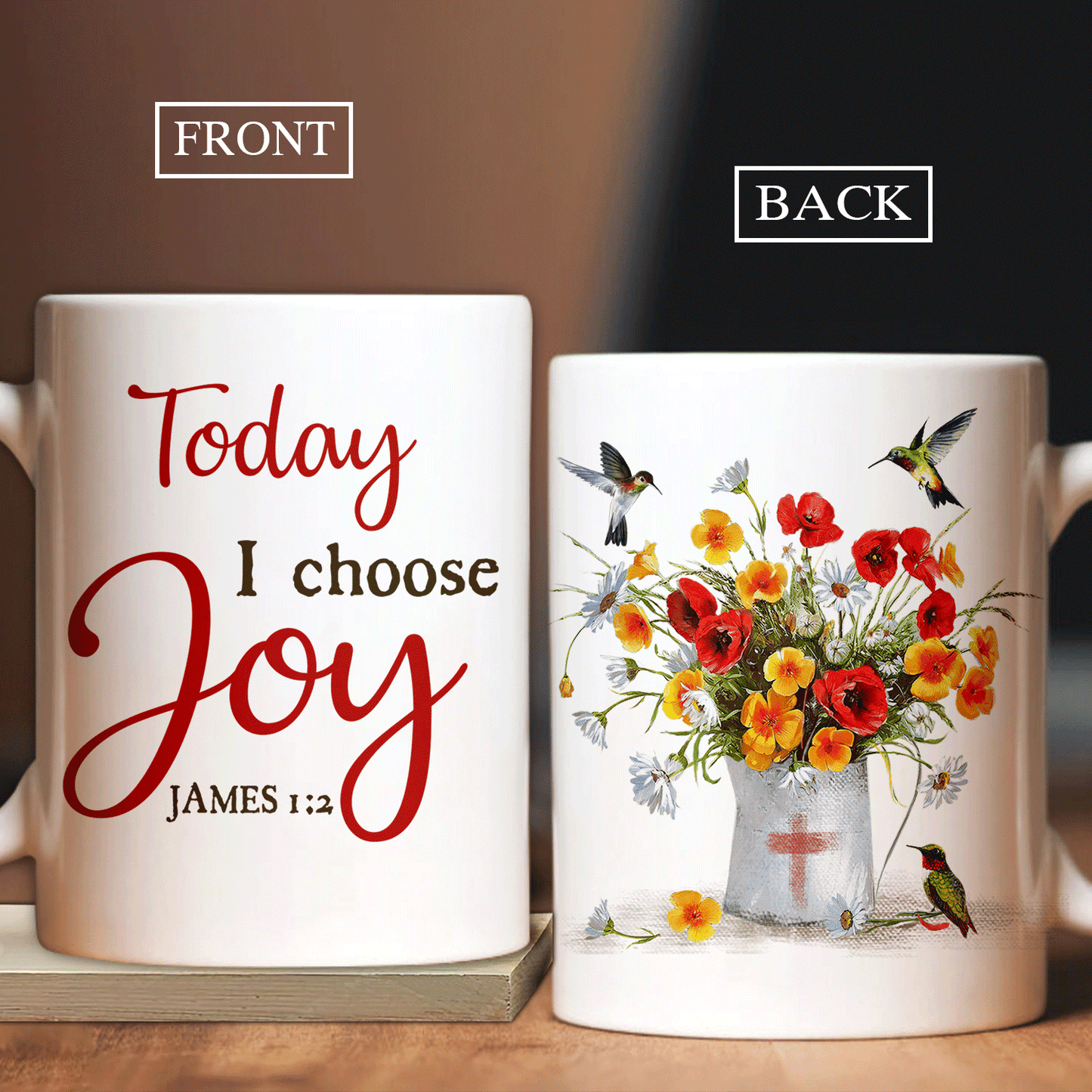 Jesus White Mug - Brilliant poppy painting, Red cross, Colorful hummingbird - Gift For Christian - Today I choose joy - White Mug
