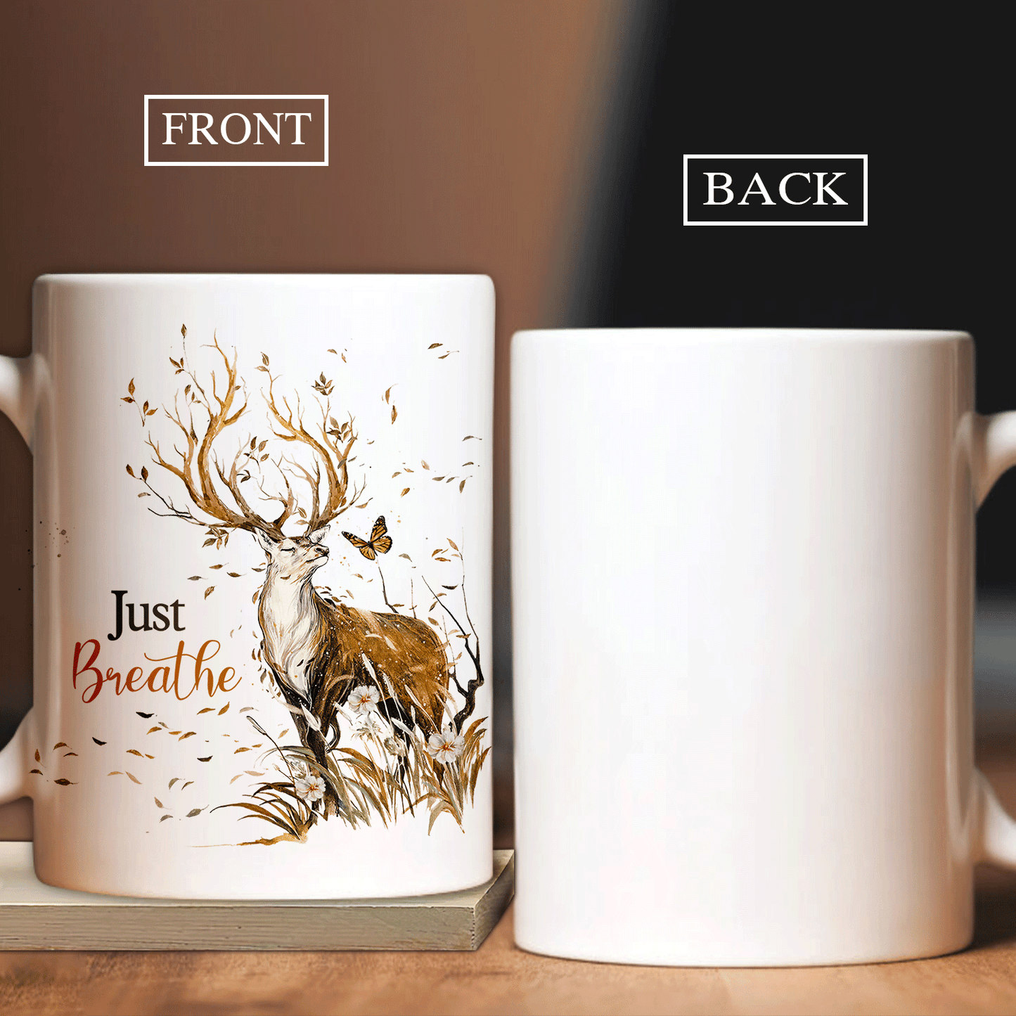 Jesus White Mug - Brown deer, Orange butterfly, Flower field - Gift For Christian - Just breathe - White Mug