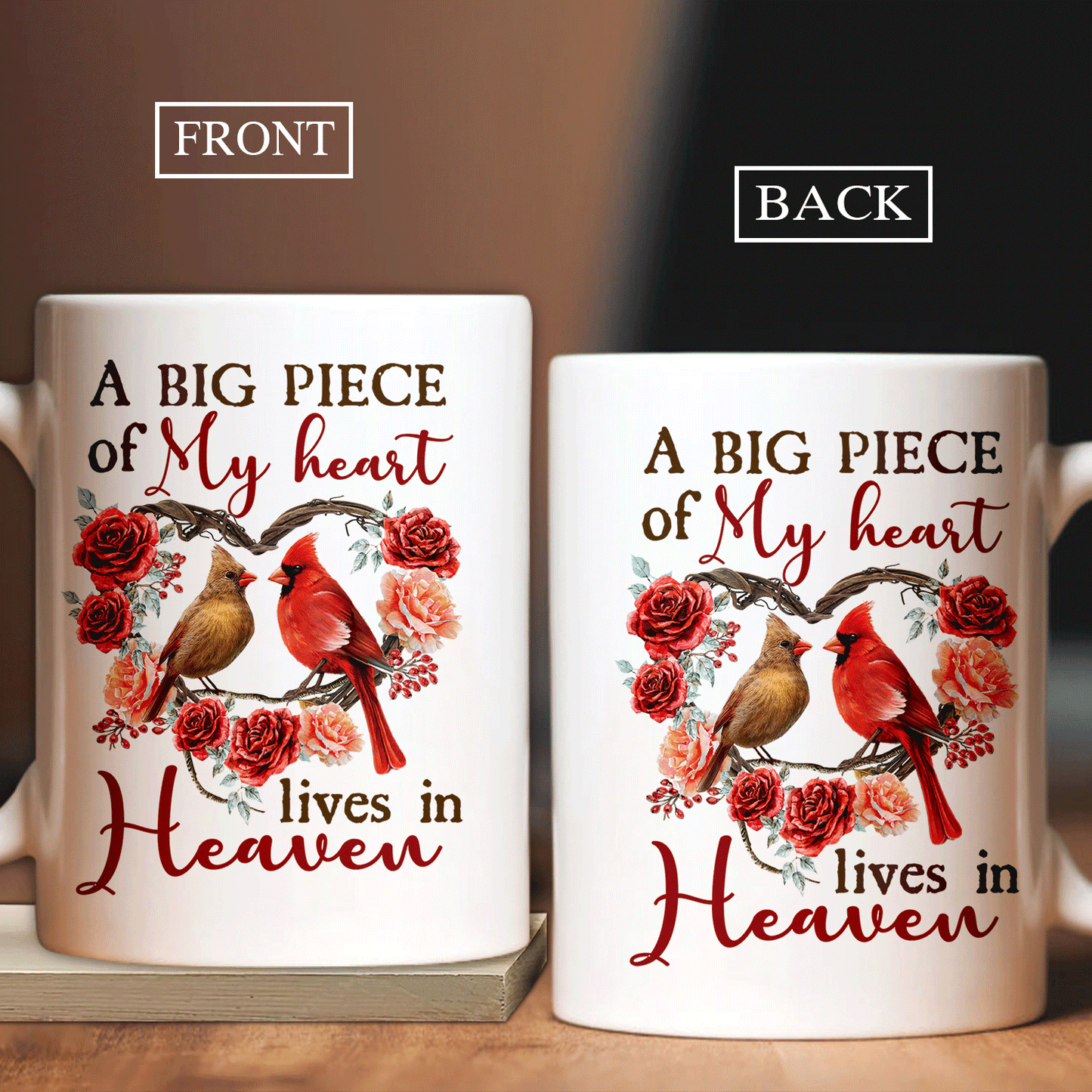 Memorial AOP Mug - Cardinal couple, Rose flower wreath- Gift For Member Family - A big piece of my heart lives in heaven - Heaven AOP Mug