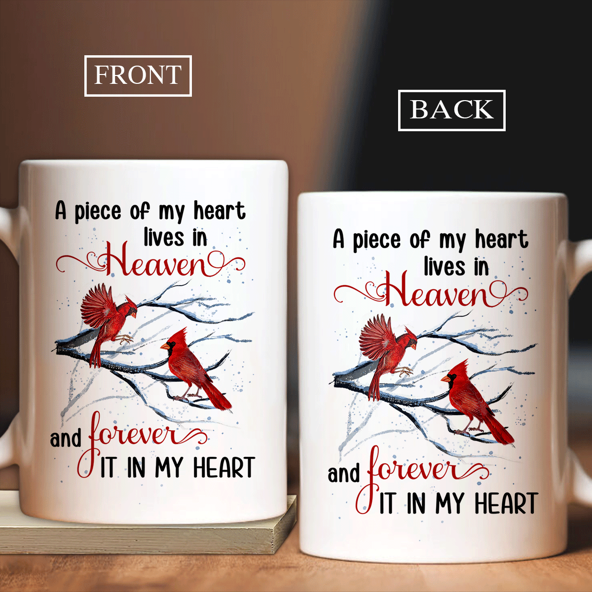 Memorial White Mug - Cardinal painting, Winter tree - Gift for members family - A piece of my heart lives in heaven - Heaven White Mug.