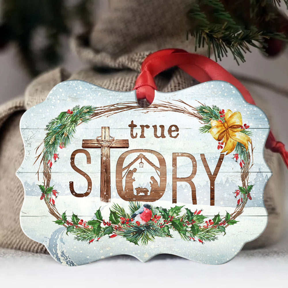 Jesus Benelux Aluminum Ornament- Christmas Night, Beautiful Christmas Wreath, Wooden Cross- Gift For Religious Christian- True Story