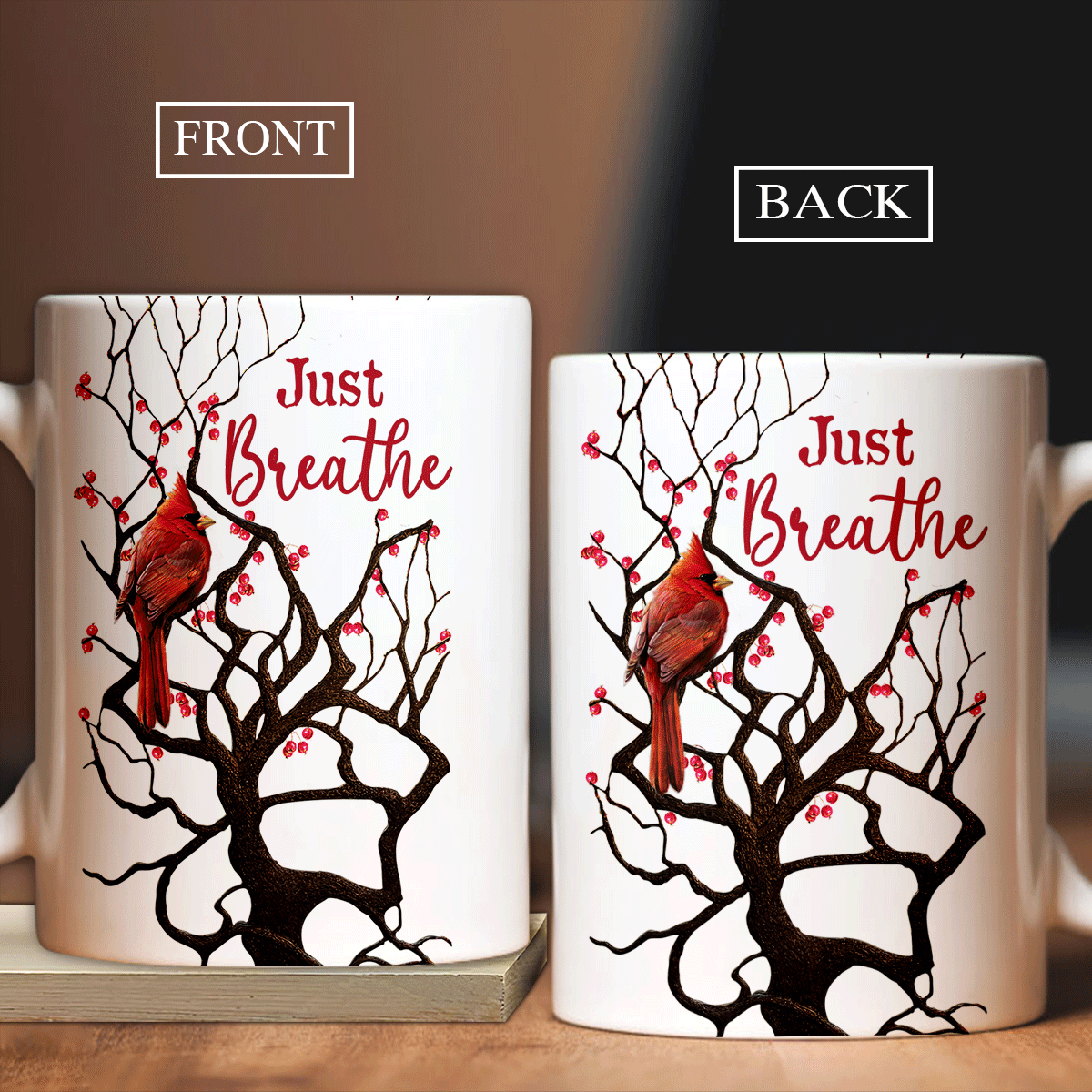 Memorial White Mug - Cranberry tree, Big red cardinal, Winter painting - Gift for members family - Just breathe - Heaven White Mug.