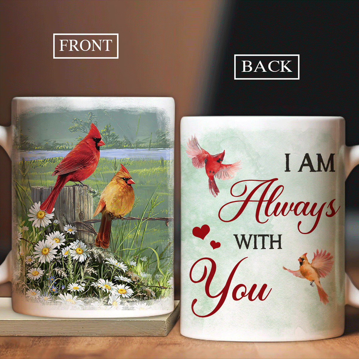 Memorial White Mug - Green meadow land, Daisy field, Cardinal drawing - Gift for members family - I am always with you - Heaven White Mug.