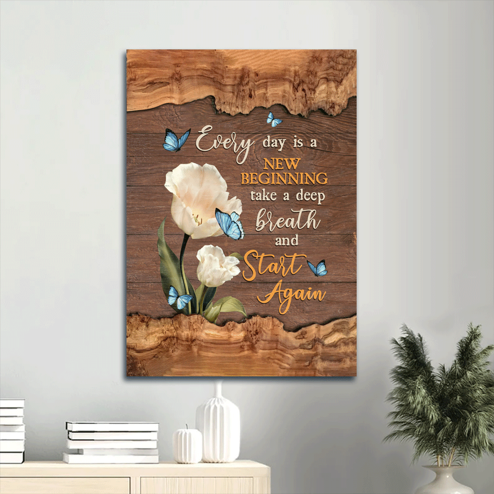Jesus Portrait Canvas- Blue butterfly, White Tulip canvas- Gift for Christian- Every day is a new beginning - Portrait Canvas Prints, Wall Art