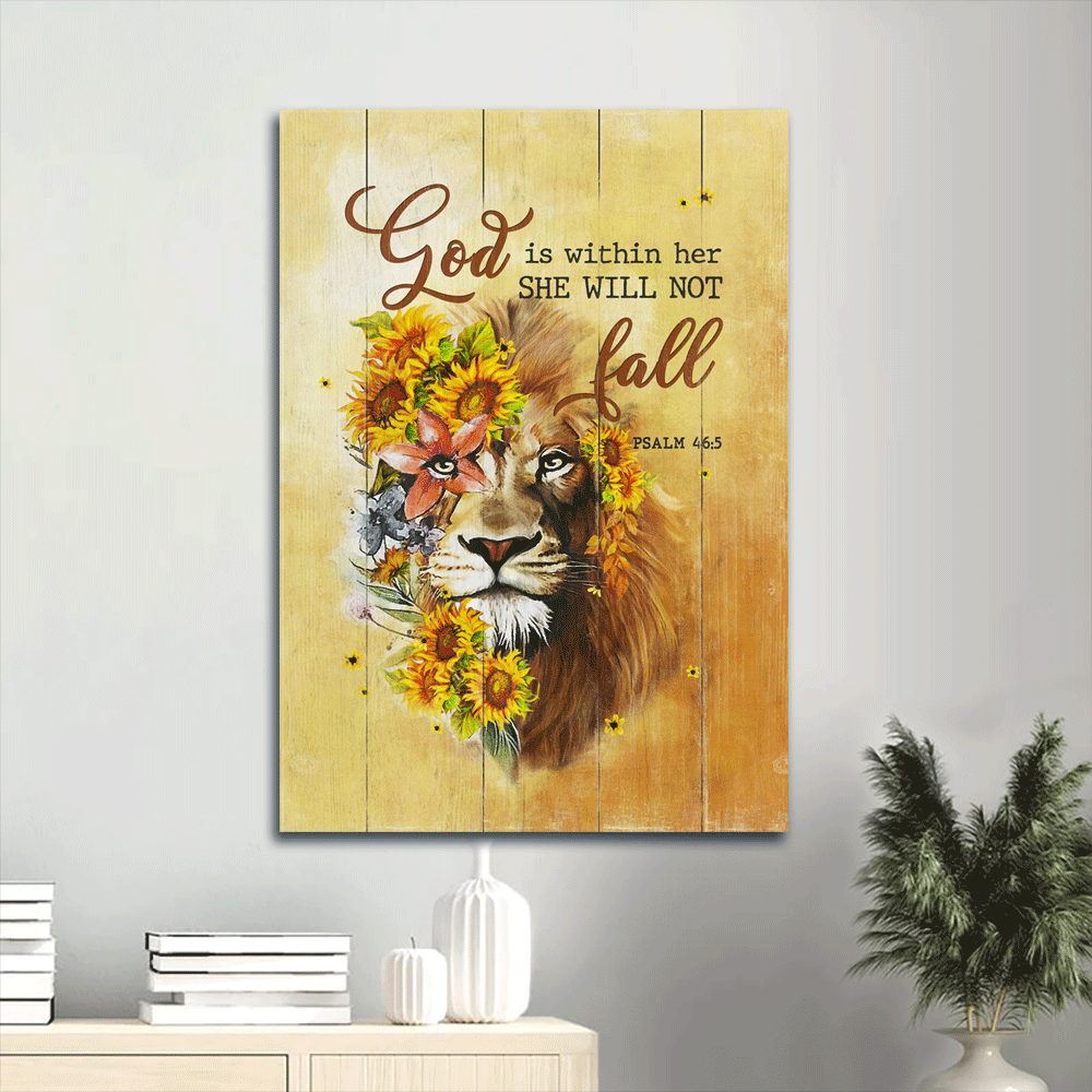 Jesus Portrait Canvas- Awesome Lion, Sunflower Painting Canvas- Gift For Christian- God Is Within Her She Will Not Fall