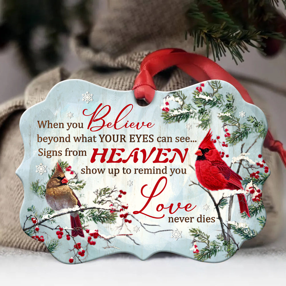 Jesus Aluminum Ornament - Red Cardinals And White Snow Aluminum Ornament - Gift Christian For Christmas - Signs From Heaven Show Up To Remind You Love Never Dies