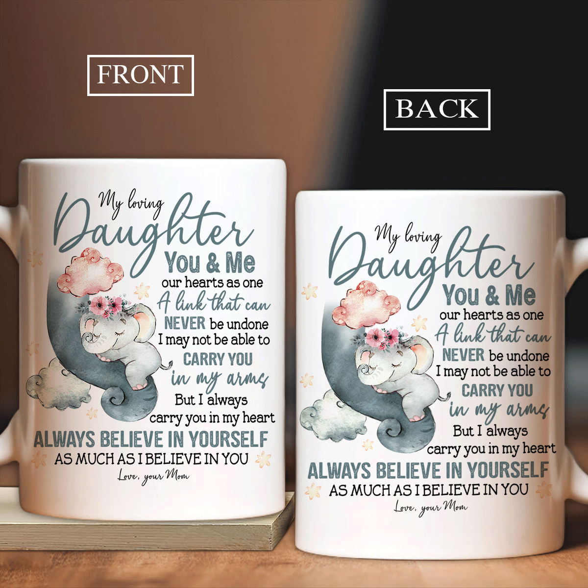 Family White Mug, Daughter And Mom Mug - Gifts For Daughter From Mom - Mom To Daughter, Elephant Watercolor, I Always Carry You In My Heart Mug