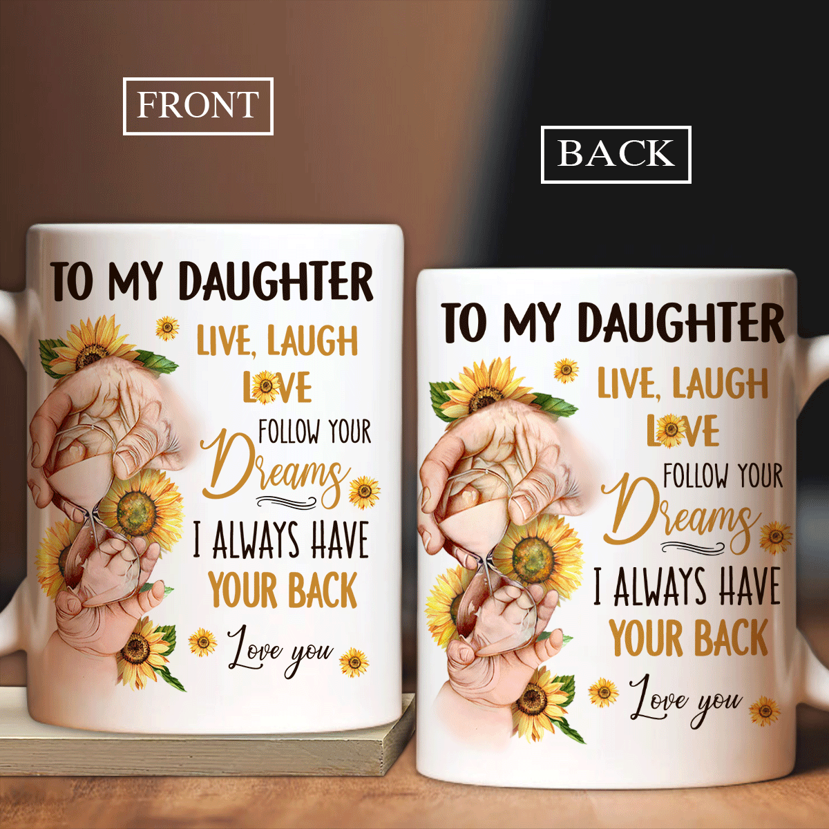 Family White Mug, Daughter And Mom Mug - Gifts For Daughter From Mom - Sunflower Painting, Holding Hand, Hour Glass, I Always Have Your Back Mug