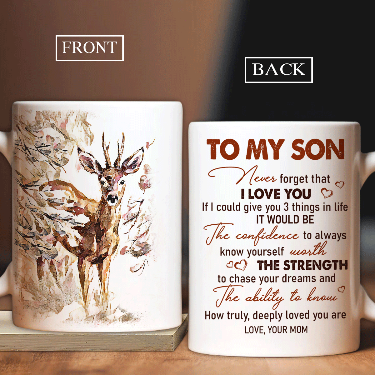 Family White Mug, Son And Mom Mug - Gifts For Son From Mom - Mom To Son White Mug, Deer Drawing, Spring Forest, Never Forget That I Love You Mug