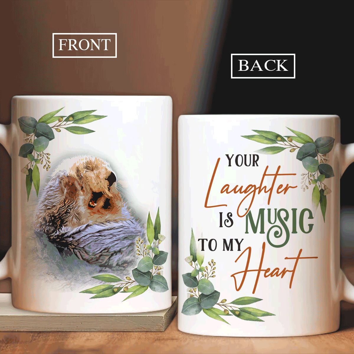 Couple White Mug - Otter painting, Vintage, Your lighter is music to my heart - Gift for Couple, lover - White Mug
