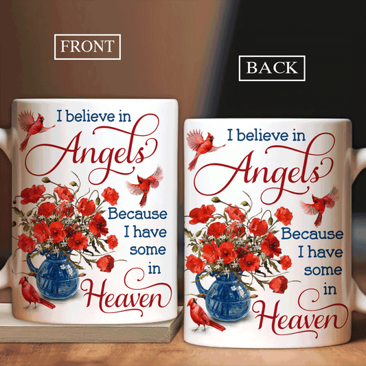 Memorial White Mug - Poppy flower, Cardinal painting, Vintage flower vase - Gift for members family - I believe in angels - Heaven White Mug.