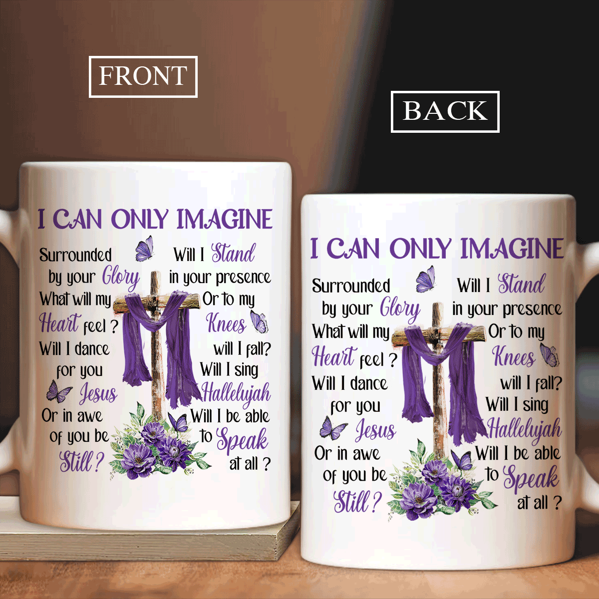 Jesus White Mug- Purple lotus flower, Wooden cross, Beautiful butterfly- Gift for Christian- I can only imagine - White Mug