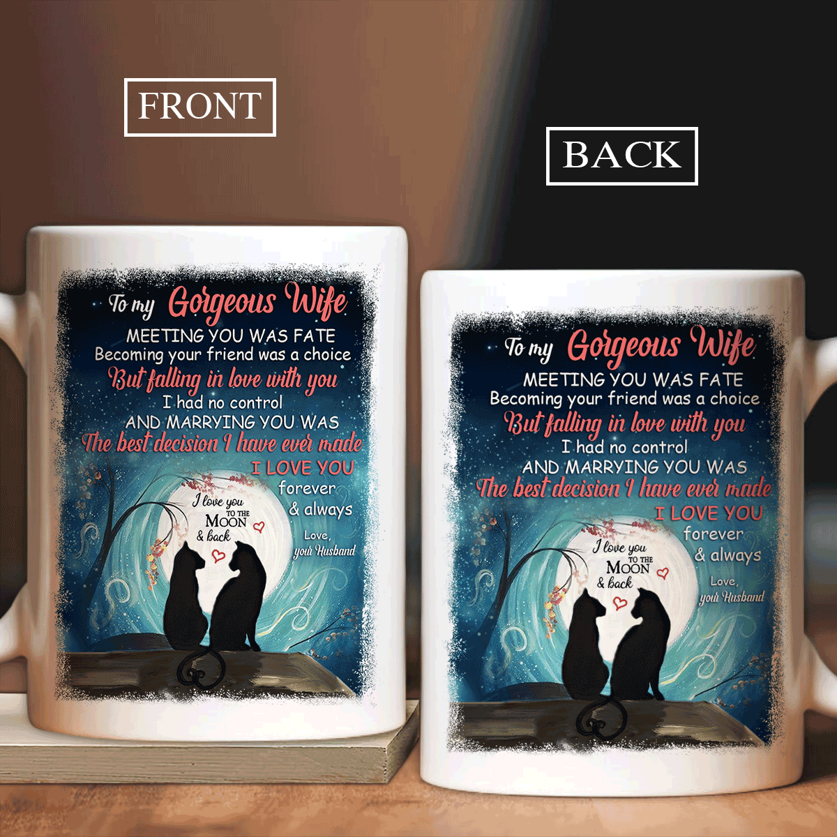 Couple Black Mug- To my wife, Black cat, Full moon- Gift for couple, lover- I love you to the moon and back - Black Mug