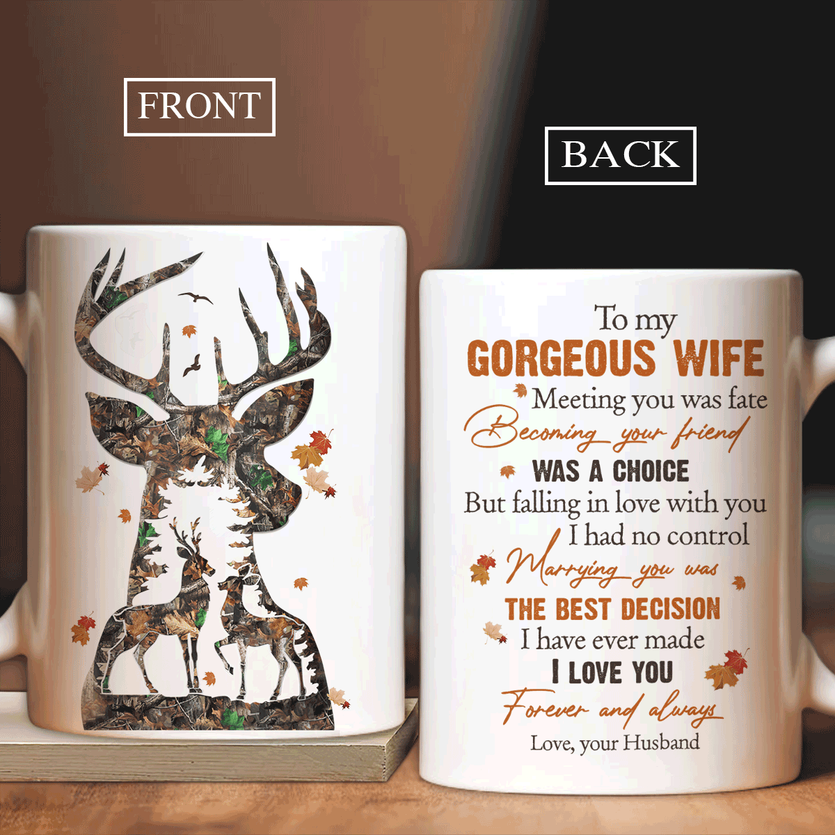 Couple White Mug - To my wife, Brown deer drawing, Maple leaf- Gift for couple, lover- I love you forever and always - Family White Mug
