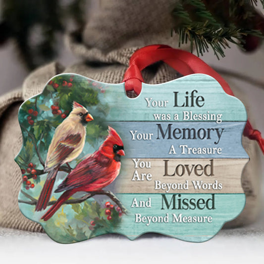 Cardinal, Memorial - Benelux Aluminum Ornament - Watercolor cardinal, Cranberry tree, Nature artwork - Your life was a blessing  - Memorial Gift For Family Members