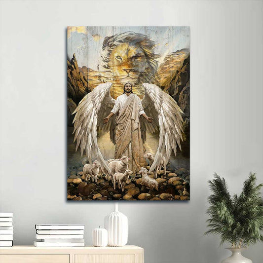 Jesus Portrait Canvas - Lord wings, Lion of Judah, Lambs of God, Desert valley Portrait Canvas - Gift For Christian Portrait Canvas Prints, Christian Wall Art