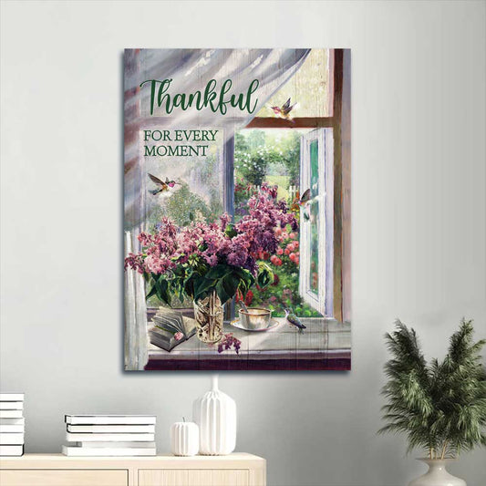 Jesus Portrait Canvas - Lavender painting, Peaceful drawing, Hummingbird Canvas - Gift For Christian - Thankful for every moment Portrait Canvas
