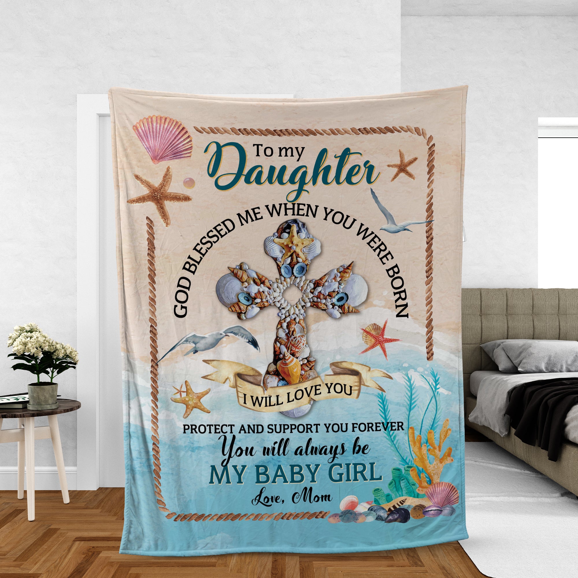 Family Blanket, Daughter And Mom Blanket, Gifts For Daughter From Mom, Mom To Daughter Blanket - Seashell Cross, God Blessed Me When You Were Born