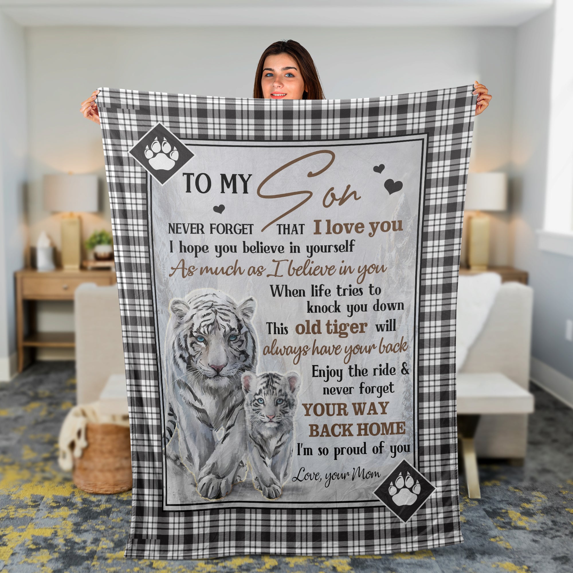 Family Blanket, Son And Mom Blanket - Gifts For Son From Mom - Mom To Son Blanket, Beautiful White Tiger And Her Cup