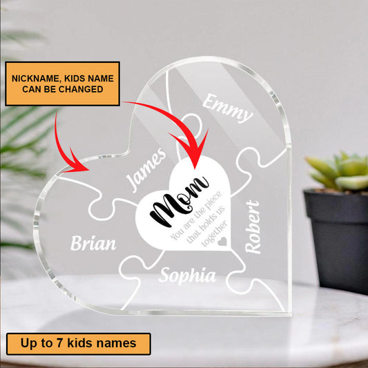 Mother's Day Mom And Kids Piece Holds Us Together Heart Shaped Acrylic Plaque - Custom Name Gifts For Mother, Mom, Mama, Gigi, Nana