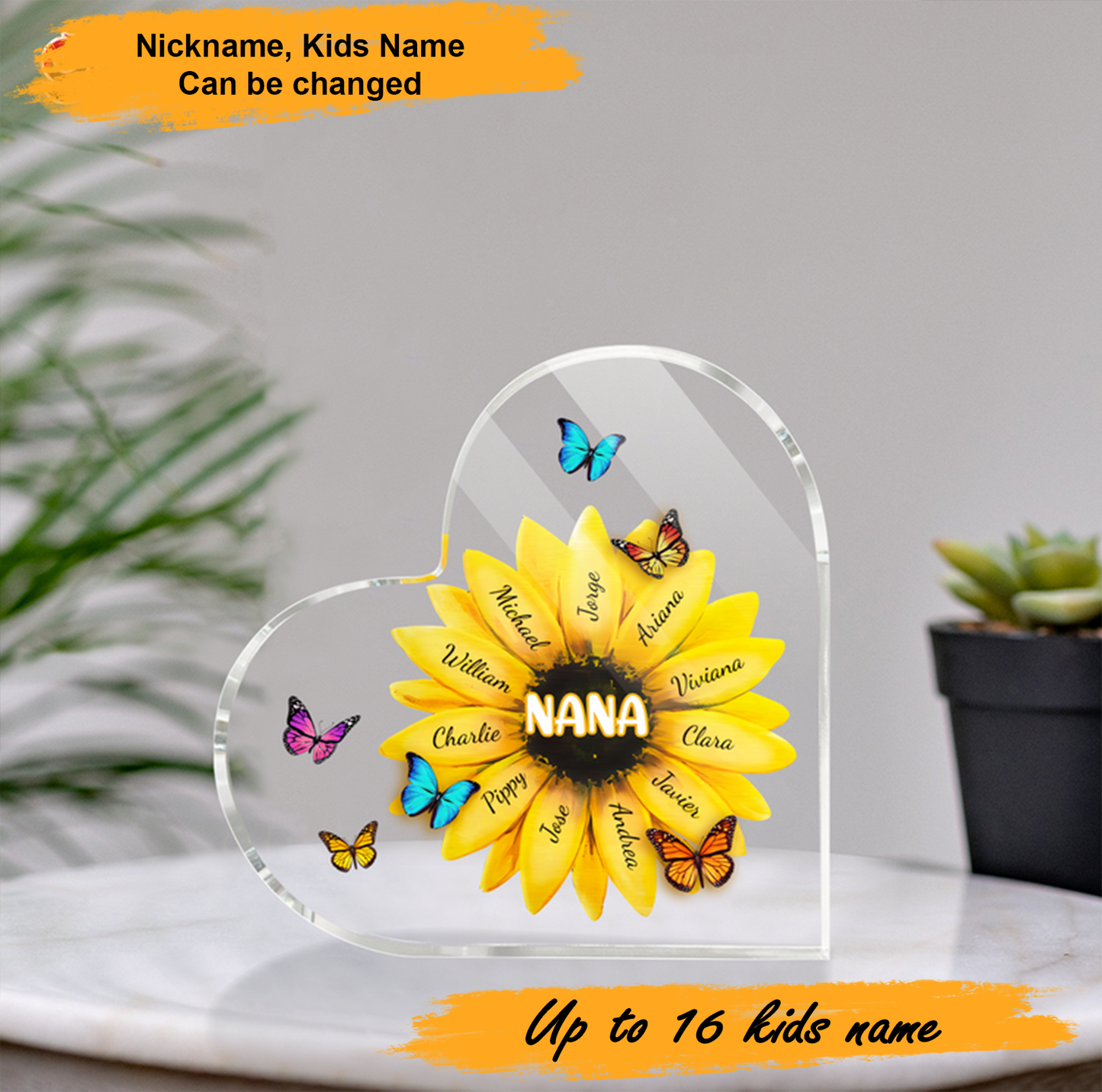 Mother's Day Nana Sunflower Personalized Heart Shaped Acrylic Plaque - Custom Name Gifts For Nana, Mother, Grandma, Mom, Mama, Gigi