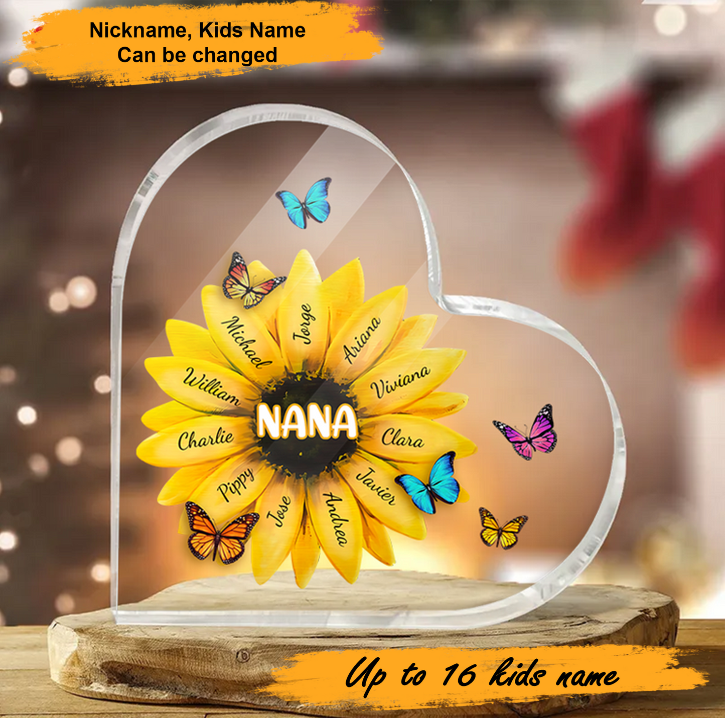 Mother's Day Nana Sunflower Personalized Heart Shaped Acrylic Plaque - Custom Name Gifts For Nana, Mother, Grandma, Mom, Mama, Gigi