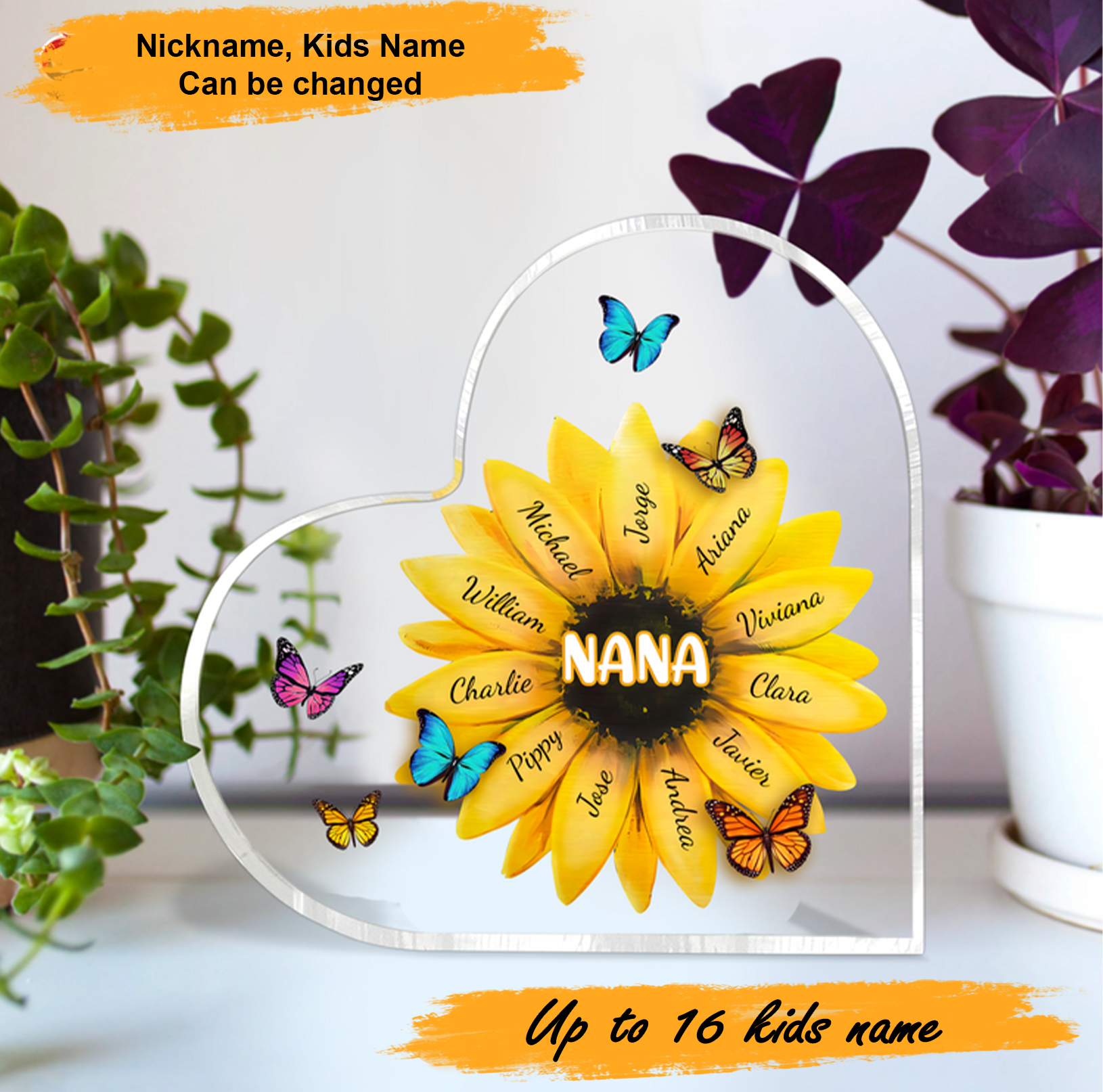 Mother's Day Nana Sunflower Personalized Heart Shaped Acrylic Plaque - Custom Name Gifts For Nana, Mother, Grandma, Mom, Mama, Gigi