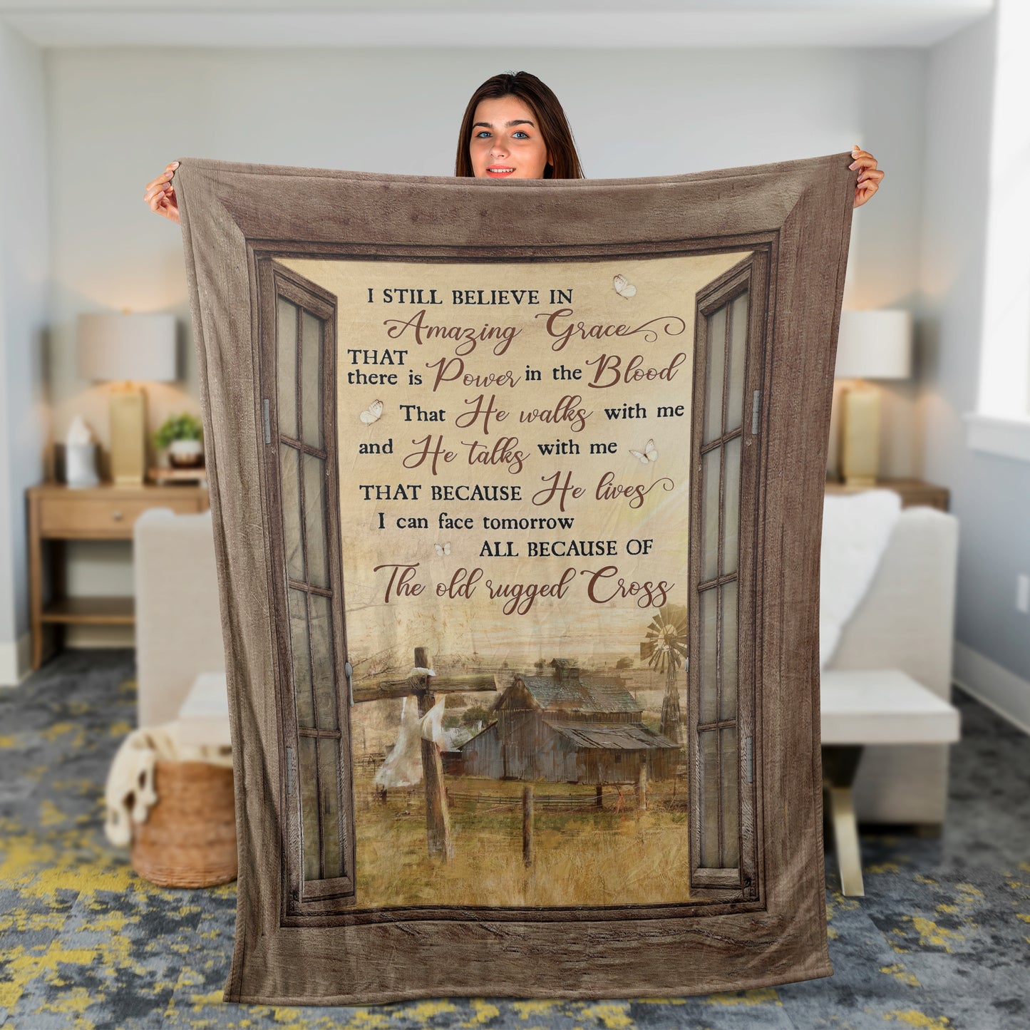 Christian Throw Blanket, Jesus Blanket, Faith Blanket, Countryside Landscape Blanket - Old Barn Painting, I Still Believe In Amazing Grace