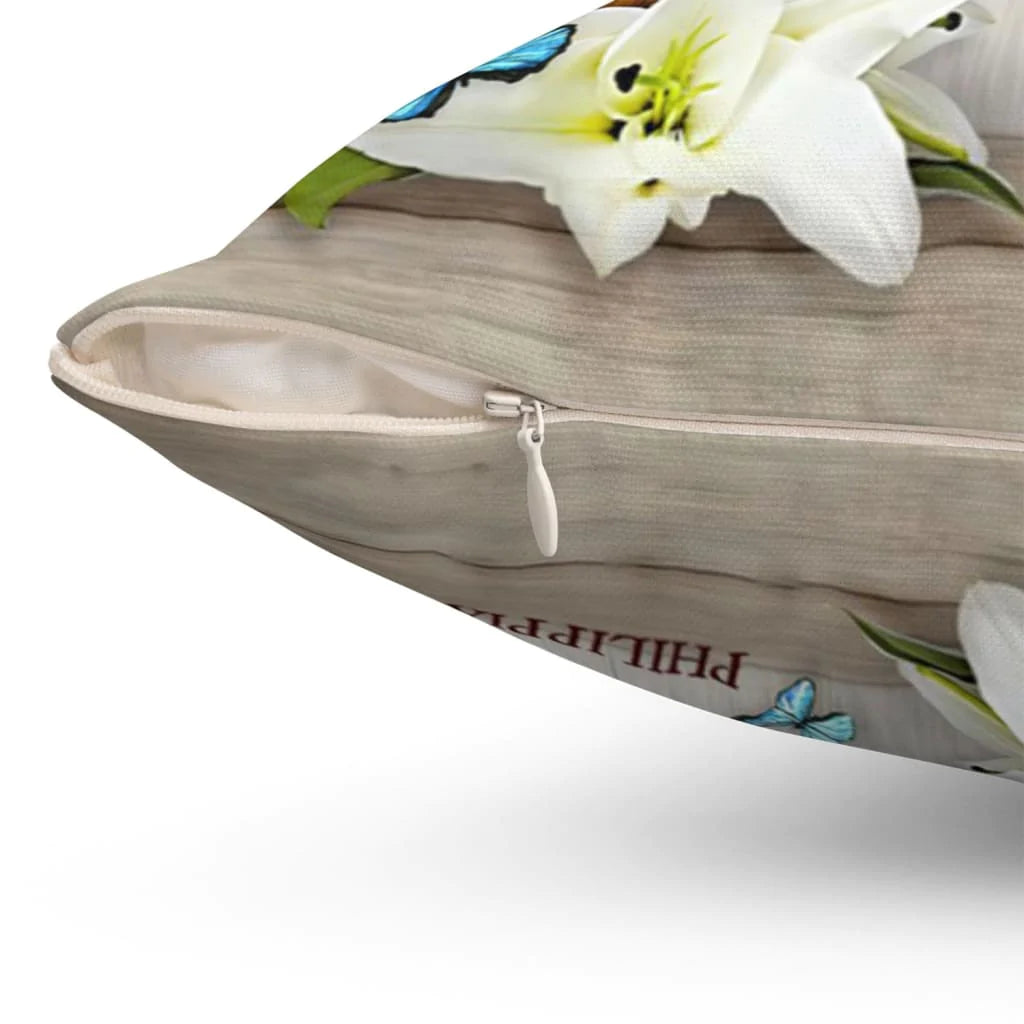 Bible Verse Pillow - Jesus Pillow - Wooden Cross, Blue Butterfly, White Lily Pillow - Gift For Christian - I Can Do All Things Through Christ Philippians 4:13 Pillow
