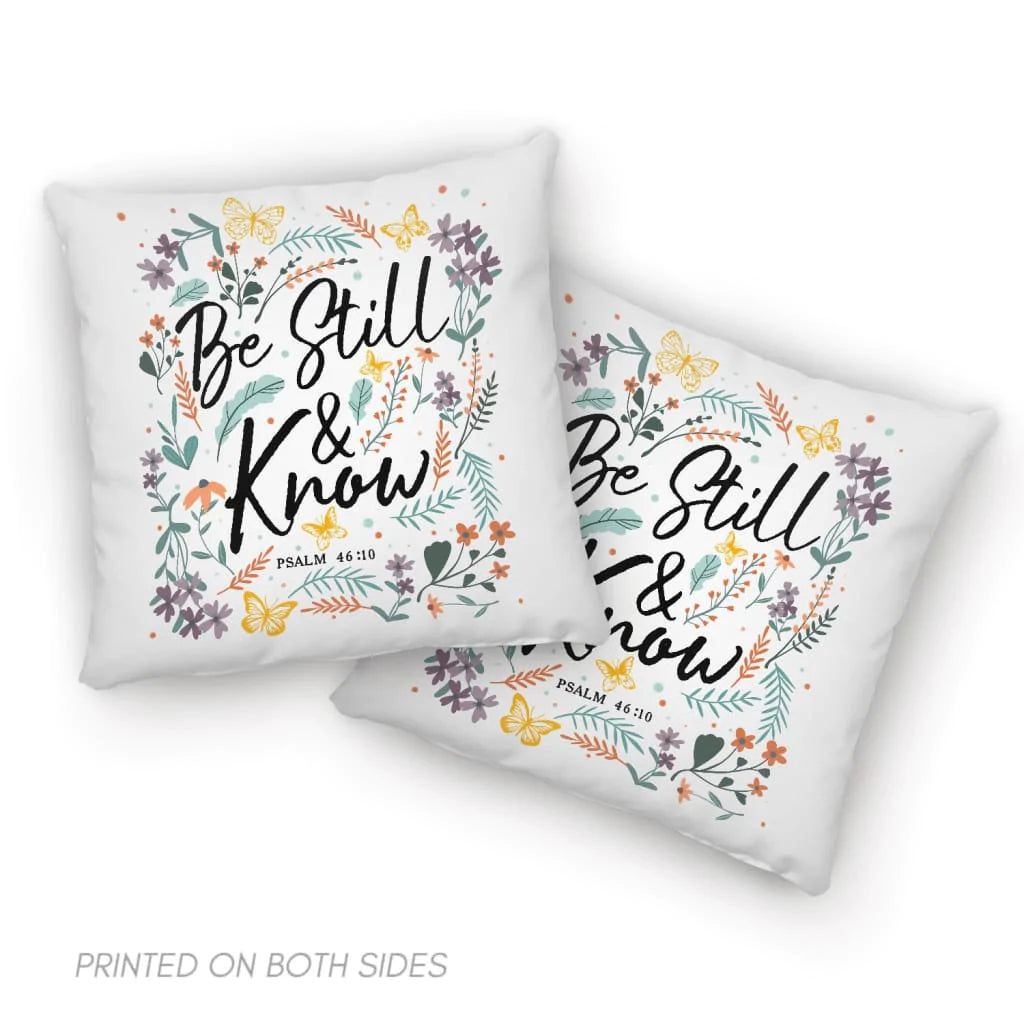 Christian Throw Pillow, Jesus Pillow, Inspirational Pillow, Psalm 46:10 Bible Verse Pillow, Wildflowers Butterflies Pillow - Be Still And Know