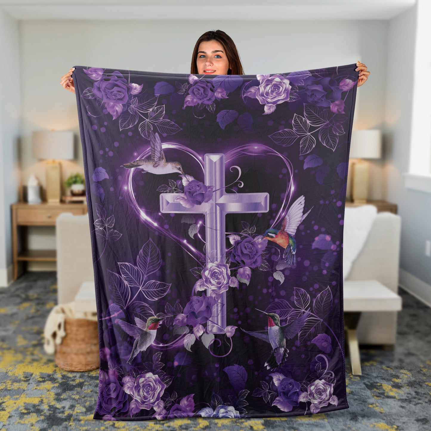 Christian Throw Blanket, Jesus Blanket, Faith Blanket, Inspirational Gift, Purple Roses Blanket, Hummingbird Blanket, The Holy Corss