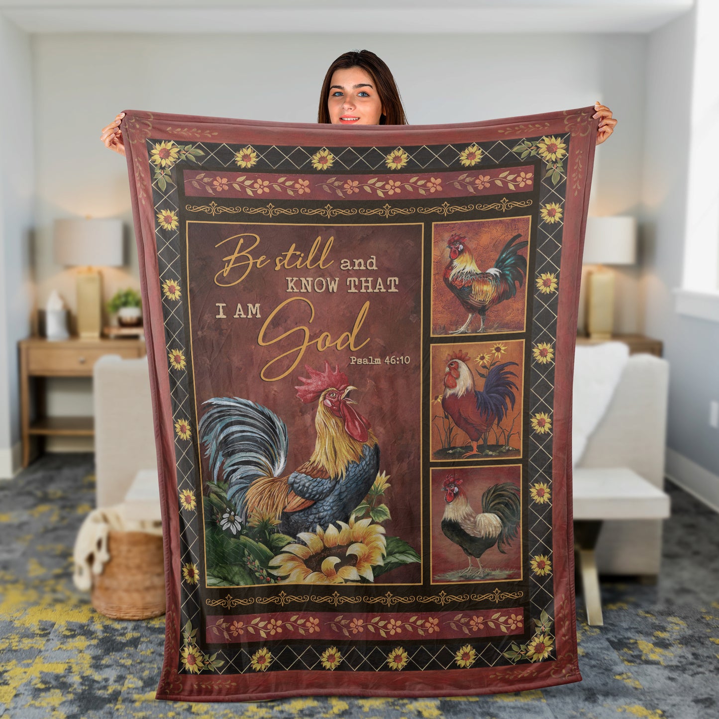 Christian Throw Blanket, Jesus Blanket, Faith Blanket, Inspirational Gift, Rooster And Sunflower Blanket - Be Still And Know That I Am God