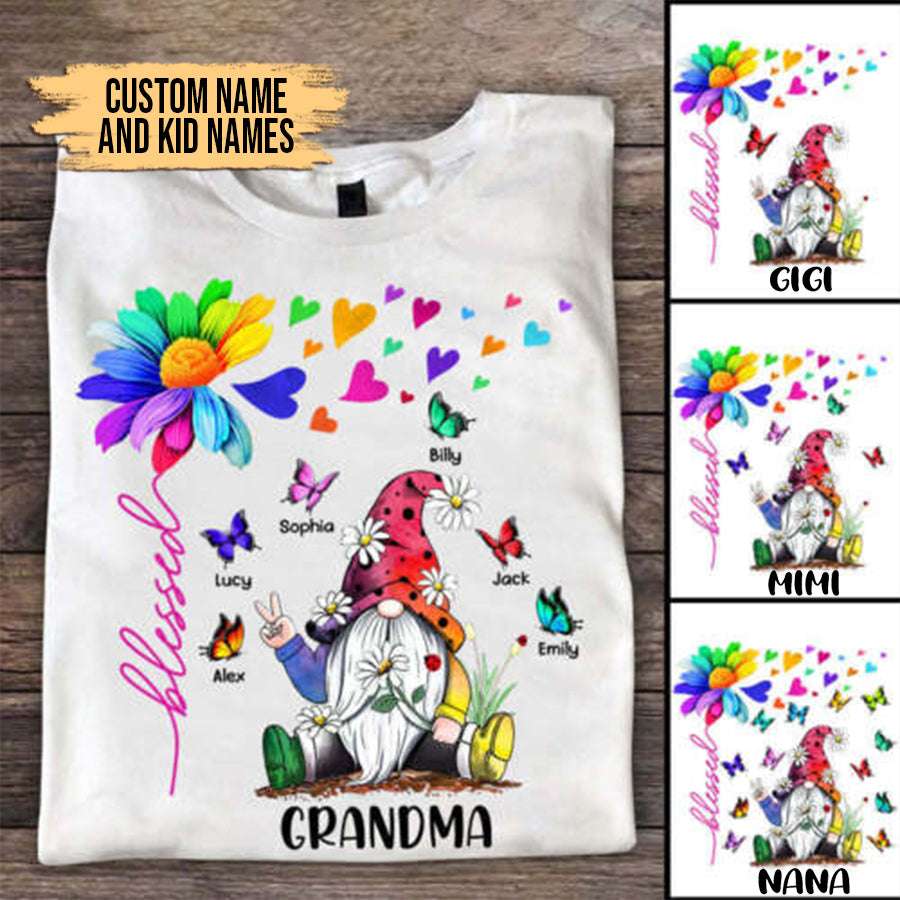 Grandma and Kids Custom Name T-shirt, Colorful Flower Blessed Grandma Gnome Butterfly Personalized Shirt - Perfect Gift For Gigi, Nana, Mimi, Grandma
