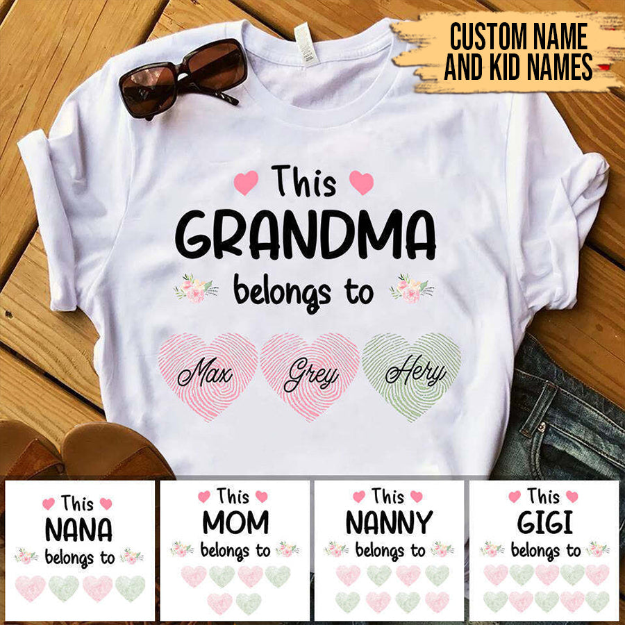 Grandma and Kids Custom Name T-shirt, This Grandma Belongs To Grandkids Heart Fingerprint Personalized Shirt - Perfect Gift For Gigi, Nana, Mimi, Grandma