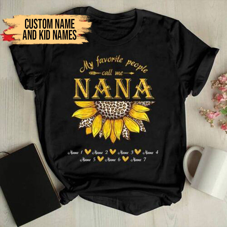 Nana and Kids Custom Name T-shirt, Personalized Grandchildren Grandma T-Shirt Leopard Butterfly Sunflowers Personalized Shirt - Perfect Gift For Gigi, Nana, Mimi, Grandma