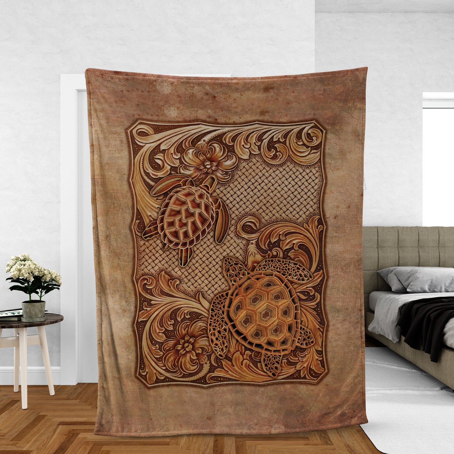 Ocean Blanket, Inspirational Gift, Sea Turtles Blanket - Vintage Pattern, Orange Flower Garden