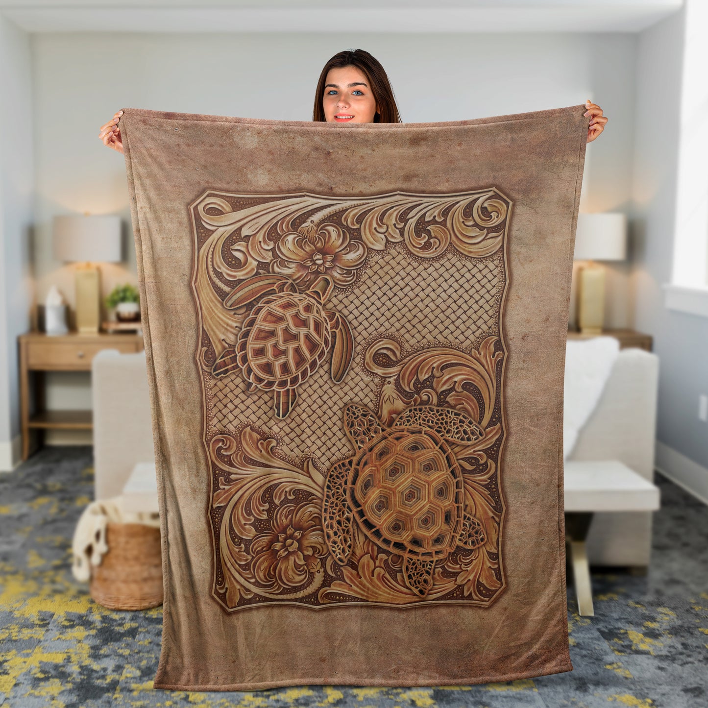 Ocean Blanket, Inspirational Gift, Sea Turtles Blanket - Vintage Pattern, Orange Flower Garden