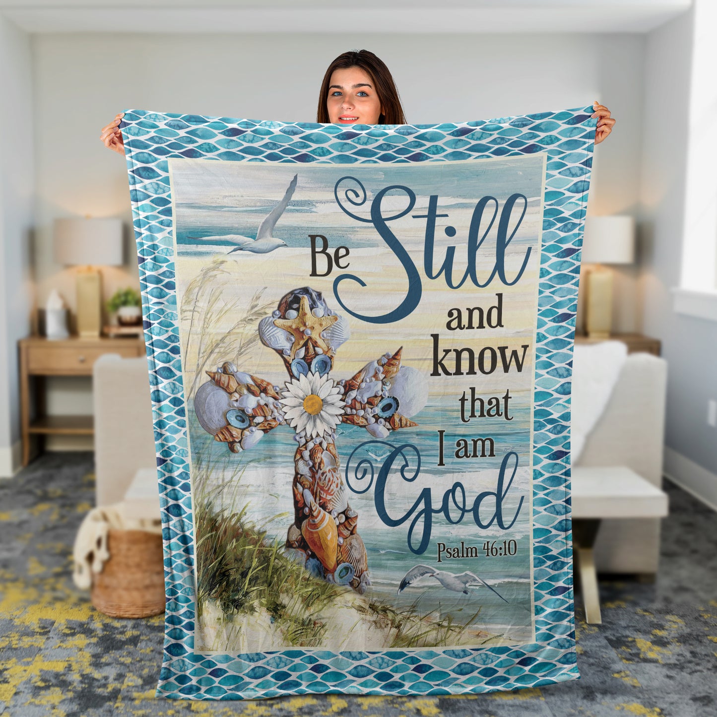 Christian Throw Blanket, Jesus Blanket, Faith Blanket, Inspirational Gift, Seashells Cross Blanket - Be Still And Know That I Am God