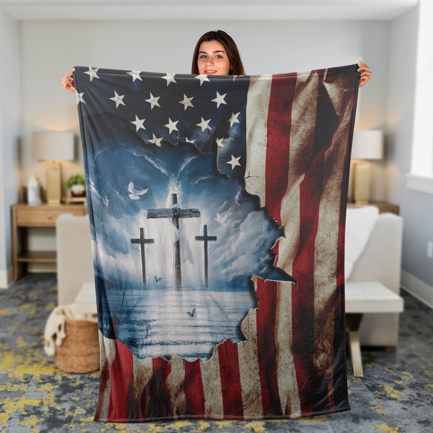 Christian Throw Blanket, Jesus Blanket, Inspirational Gift, The Us Flag Blanket - The Old Rugged Cross, Ocean Painting Blanket
