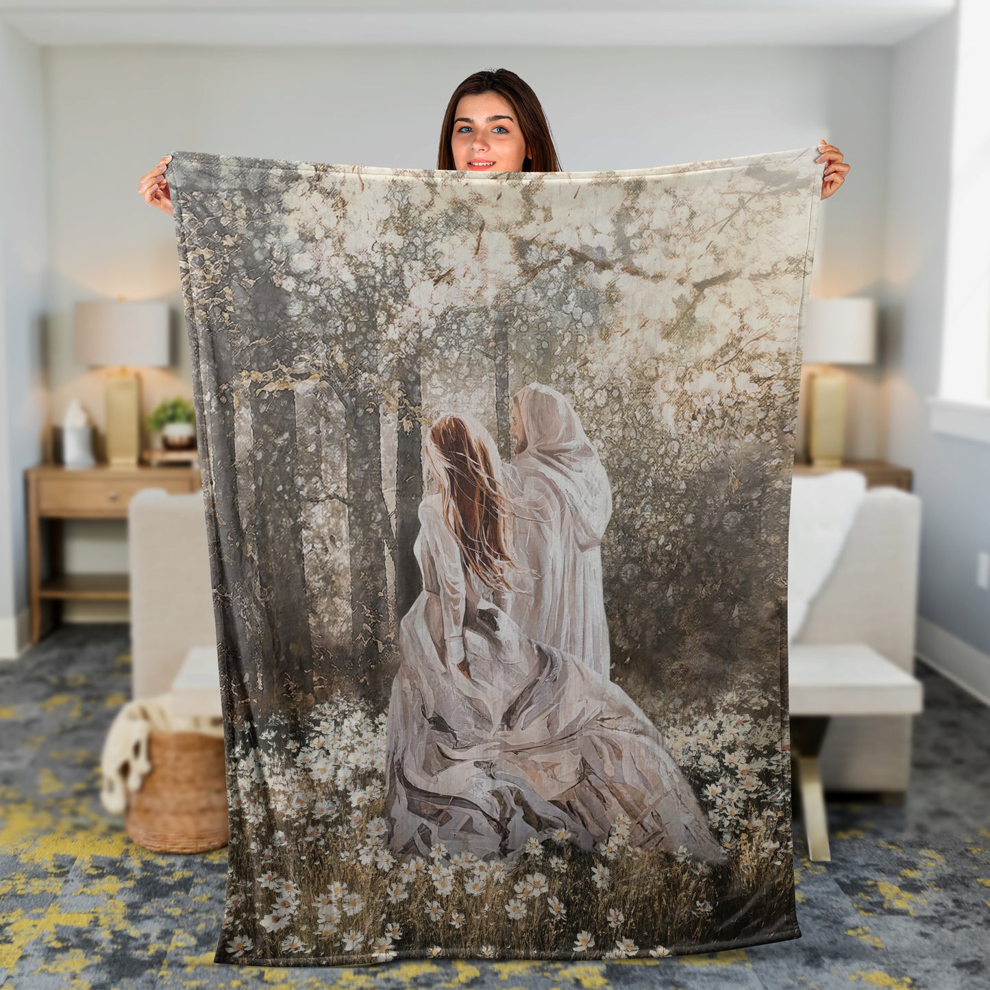 Christian Throw Blanket, Jesus Blanket, Inspirational Gift - Walking With Jesus, Beautiful Girl Painting In The Forest, Among The Flower Field