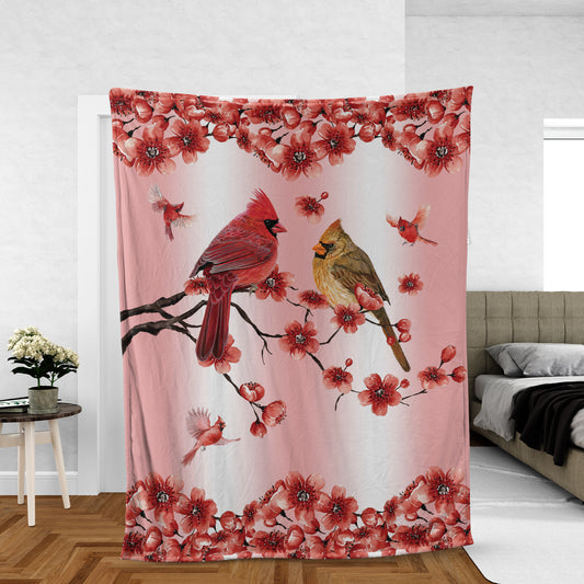 Memorial Blanket, Heaven Blanket, Cardinal Couples Blanket, Sympathy Gift, Remembrance Gift - Red Peach Blossom, Flower Frame, Spring Drawing