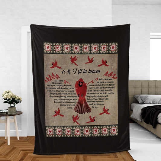 Memorial Blanket, Heaven Blanket, Cardinal Blanket, Sympathy Gift, Remembrance Gift - Watercolor Cardinal, Red Wings, As I Sit In Heaven