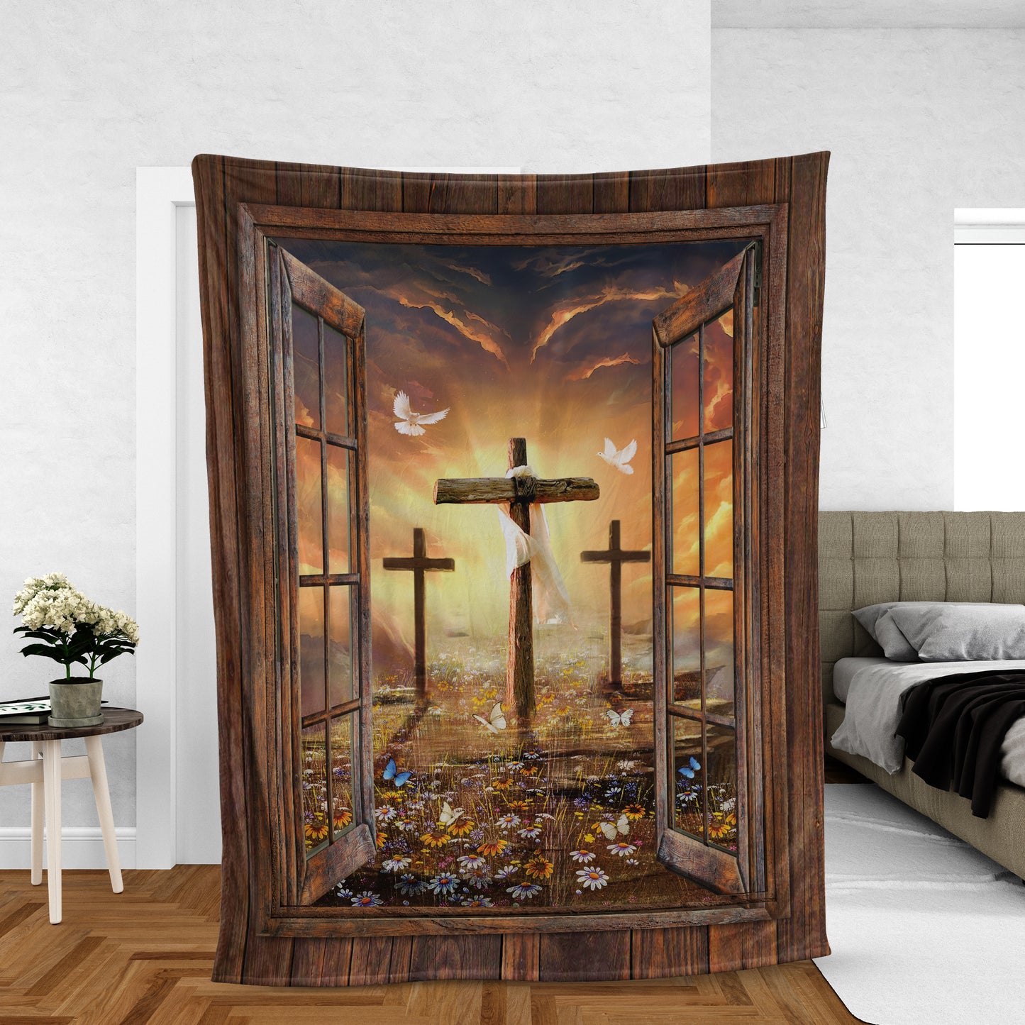 Christian Throw Blanket, Faith Blanket, Jesus Blanket, Inspirational Gift - Window Frame, Sunset Painting, Path To Heaven, The Three Crosses