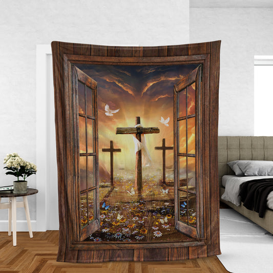 Christian Throw Blanket, Faith Blanket, Jesus Blanket, Inspirational Gift - Window Frame, Sunset Painting, Path To Heaven, The Three Crosses