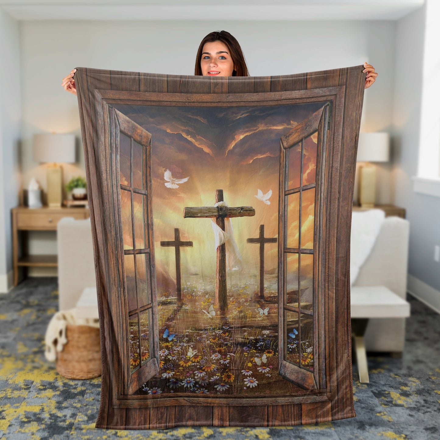 Christian Throw Blanket, Faith Blanket, Jesus Blanket, Inspirational Gift - Window Frame, Sunset Painting, Path To Heaven, The Three Crosses